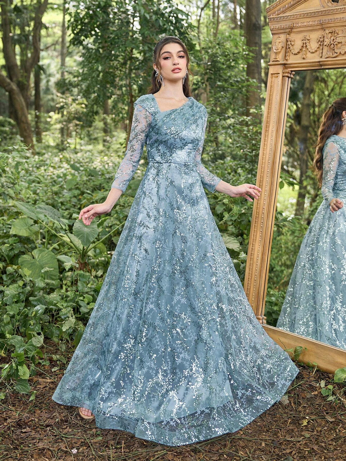 Faeriesty Sequin Diagonal Neckline 3/4 Sleeves Formal Dress