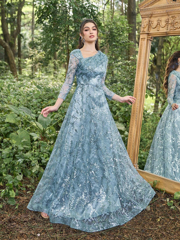 Faeriesty Sequin Diagonal Neckline 3/4 Sleeves Formal Dress