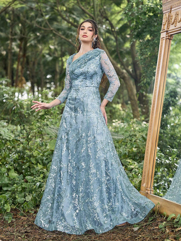 Faeriesty Sequin Diagonal Neckline 3/4 Sleeves Formal Dress