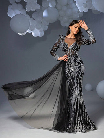 Faeriesty Sequin Mermaid Hem Maxi Formal Dress Formal Ball Gown For Women