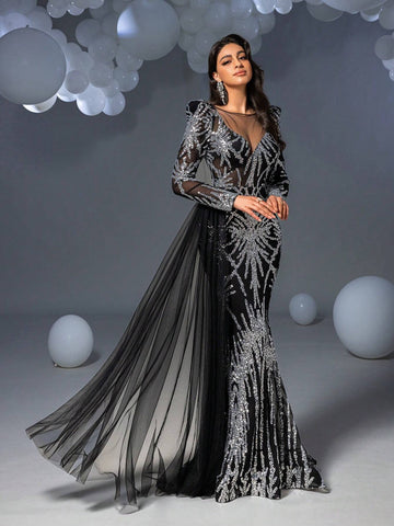 Faeriesty Sequin Mermaid Hem Maxi Formal Dress Formal Ball Gown For Women