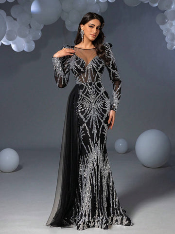 Faeriesty Sequin Mermaid Hem Maxi Formal Dress Formal Ball Gown For Women