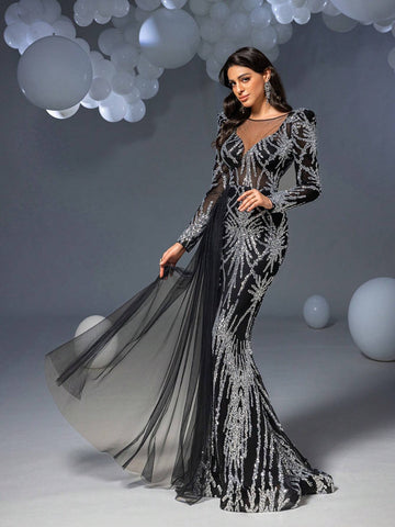 Faeriesty Sequin Mermaid Hem Maxi Formal Dress Formal Ball Gown For Women