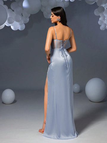 Faeriesty Solid Ruched Bustier Split Thigh Cami Party Dress