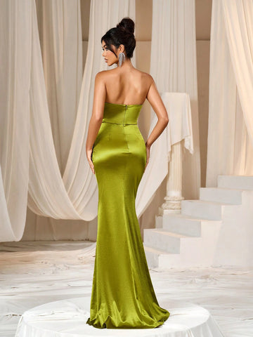 Faeriesty Split Thigh Mermaid Hem Satin Formal Tube Dress Woman Formal Ball Gown