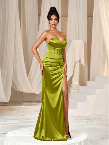 Faeriesty Split Thigh Mermaid Hem Satin Formal Tube Dress Woman Formal Ball Gown