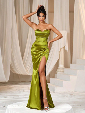 Faeriesty Split Thigh Mermaid Hem Satin Formal Tube Dress Woman Formal Ball Gown