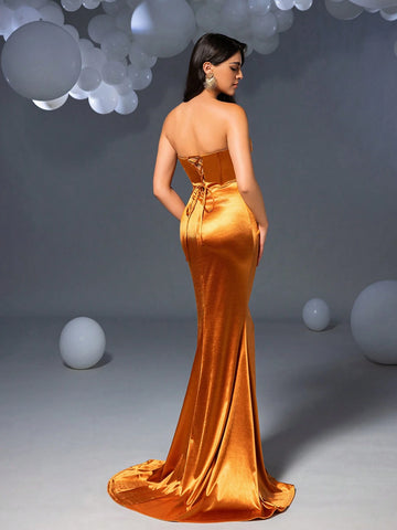 Faeriesty Strapless Rhinestone Detail Split Mermaid Hem Satin Party Dress