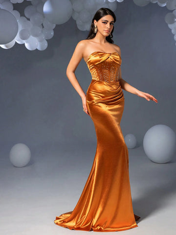 Faeriesty Strapless Rhinestone Detail Split Mermaid Hem Satin Party Dress