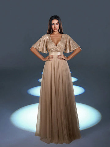 Faeriesty Surplice Neck Butterfly Sleeves Formal Dress