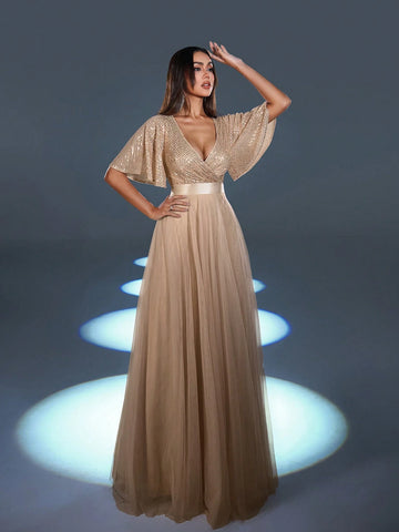 Faeriesty Surplice Neck Butterfly Sleeves Formal Dress