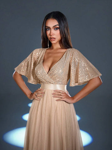 Faeriesty Surplice Neck Butterfly Sleeves Formal Dress