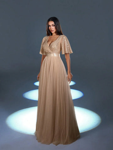 Faeriesty Surplice Neck Butterfly Sleeves Formal Dress