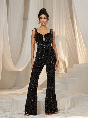 Faeriesty Sweetheart Neck Fringed Sequin Jumpsuit