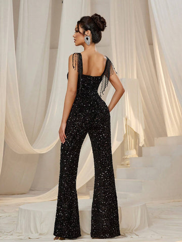 Faeriesty Sweetheart Neck Fringed Sequin Jumpsuit