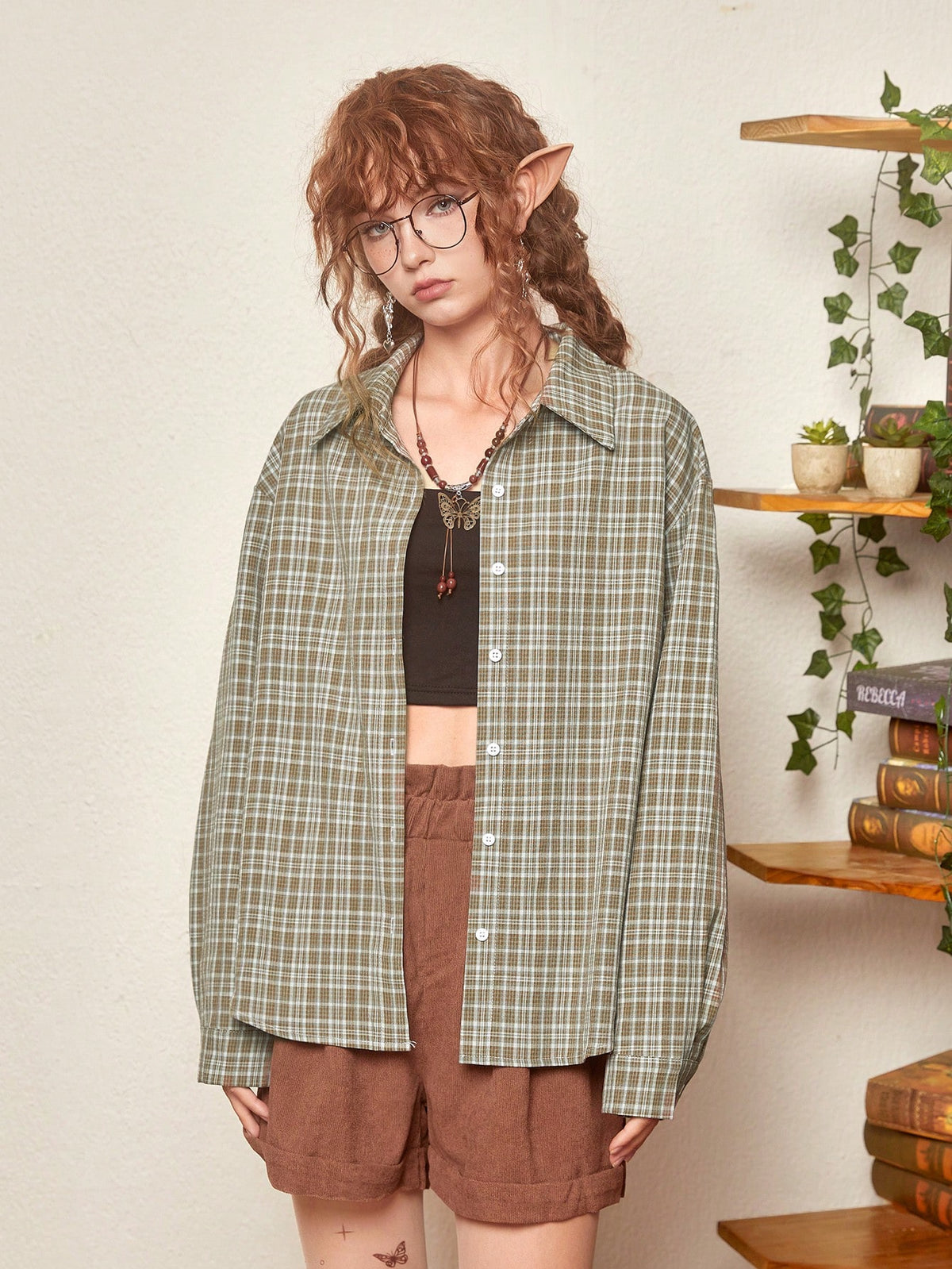 Fairycore Plaid Print Drop Shoulder Shirt