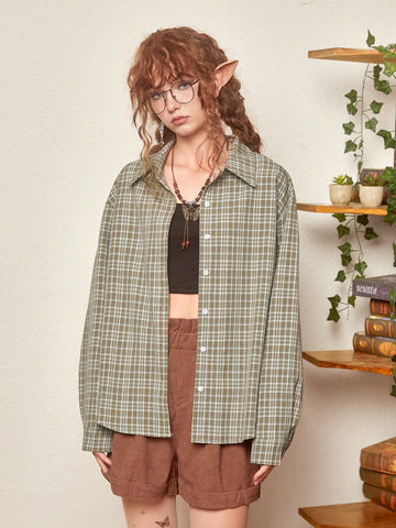 Fairycore Plaid Print Drop Shoulder Shirt