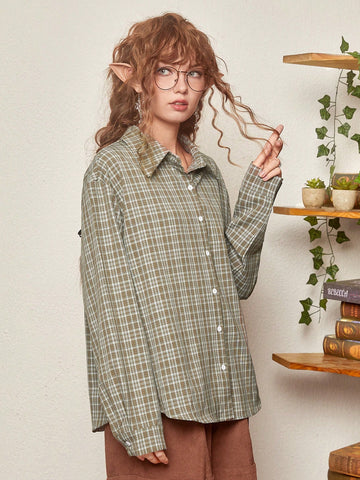 Fairycore Plaid Print Drop Shoulder Shirt