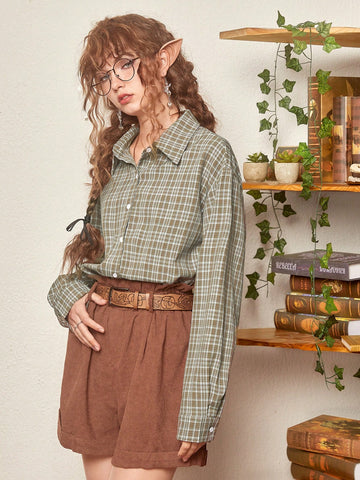 Fairycore Plaid Print Drop Shoulder Shirt