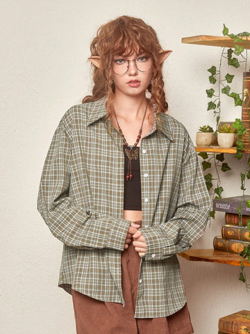 Fairycore Plaid Print Drop Shoulder Shirt