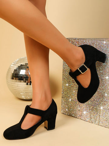 Fall-Winter Wedding Casual Fashion High Heel Mary Jane T-Strap Buckle Platform Pumps, Thick Heel Single Dress Shoes Velvet Formal Office Work Lady Outdoor