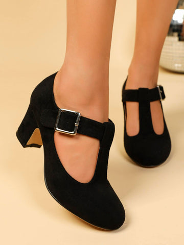 Fall-Winter Wedding Casual Fashion High Heel Mary Jane T-Strap Buckle Platform Pumps, Thick Heel Single Dress Shoes Velvet Formal Office Work Lady Outdoor