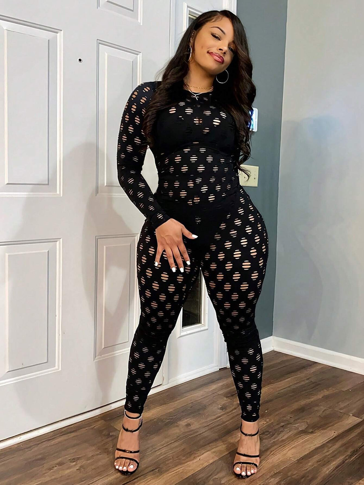 Fall/Winter Sexy Hollow Out, Destroyed, Zipper, Solid Color, Long Sleeve, Skinny Jumpsuit For Women