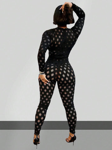 Fall/Winter Sexy Hollow Out, Destroyed, Zipper, Solid Color, Long Sleeve, Skinny Jumpsuit For Women