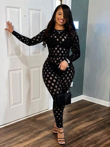 Fall/Winter Sexy Hollow Out, Destroyed, Zipper, Solid Color, Long Sleeve, Skinny Jumpsuit For Women