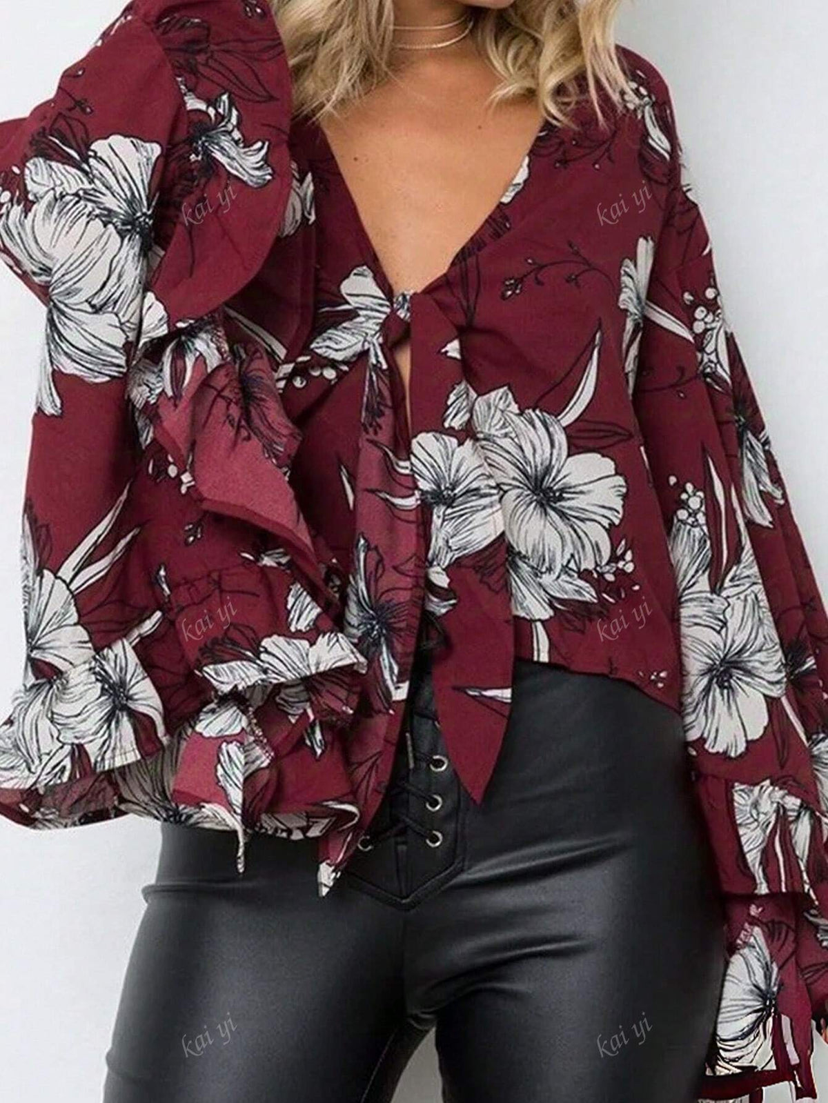 Fall/Winter Women's V-Neck Tie Front Bat Wing Sleeve Printed Blouse