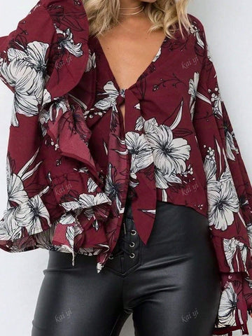 Fall/Winter Women's V-Neck Tie Front Bat Wing Sleeve Printed Blouse