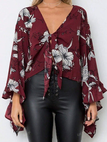 Fall/Winter Women's V-Neck Tie Front Bat Wing Sleeve Printed Blouse