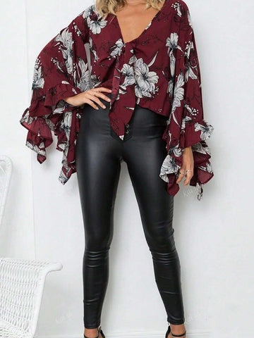 Fall/Winter Women's V-Neck Tie Front Bat Wing Sleeve Printed Blouse