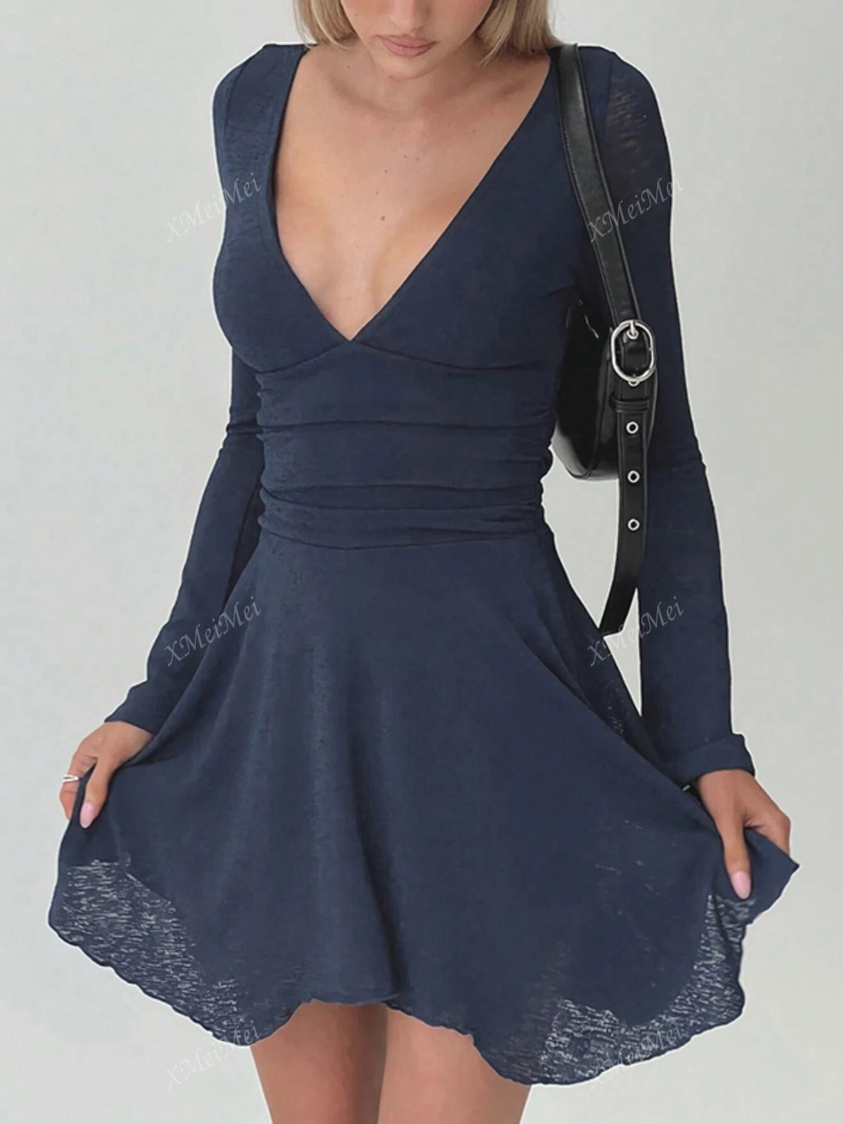 Fall 2024 New Sexy Backless Dress, Fashionable V-Neck Tie-Up Long Sleeve A-Line Dress For Women JY24454