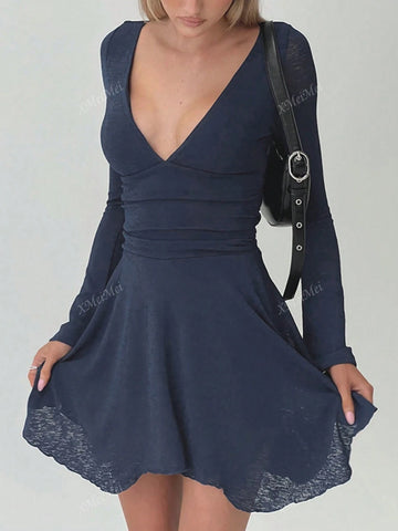 Fall 2024 New Sexy Backless Dress, Fashionable V-Neck Tie-Up Long Sleeve A-Line Dress For Women JY24454