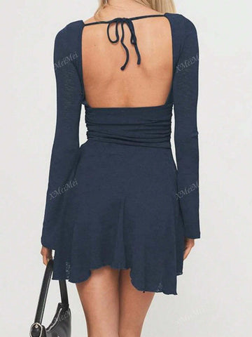 Fall 2024 New Sexy Backless Dress, Fashionable V-Neck Tie-Up Long Sleeve A-Line Dress For Women JY24454