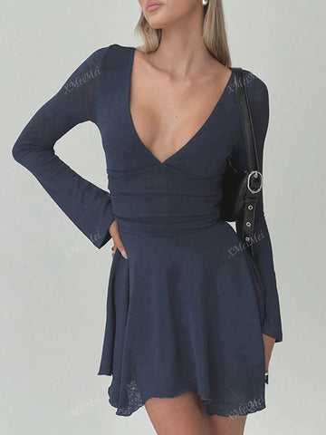 Fall 2024 New Sexy Backless Dress, Fashionable V-Neck Tie-Up Long Sleeve A-Line Dress For Women JY24454