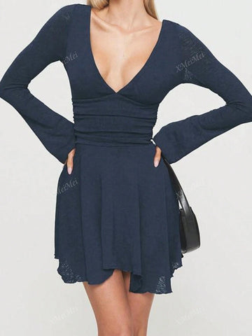 Fall 2024 New Sexy Backless Dress, Fashionable V-Neck Tie-Up Long Sleeve A-Line Dress For Women JY24454