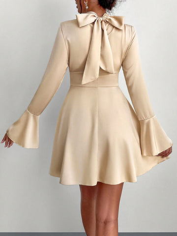 Fall Women's Dress Apricot Bow Tie High Neck Smocking Long Sleeves Flared Cuffs Everyday Mini Dress, Elegant Dress