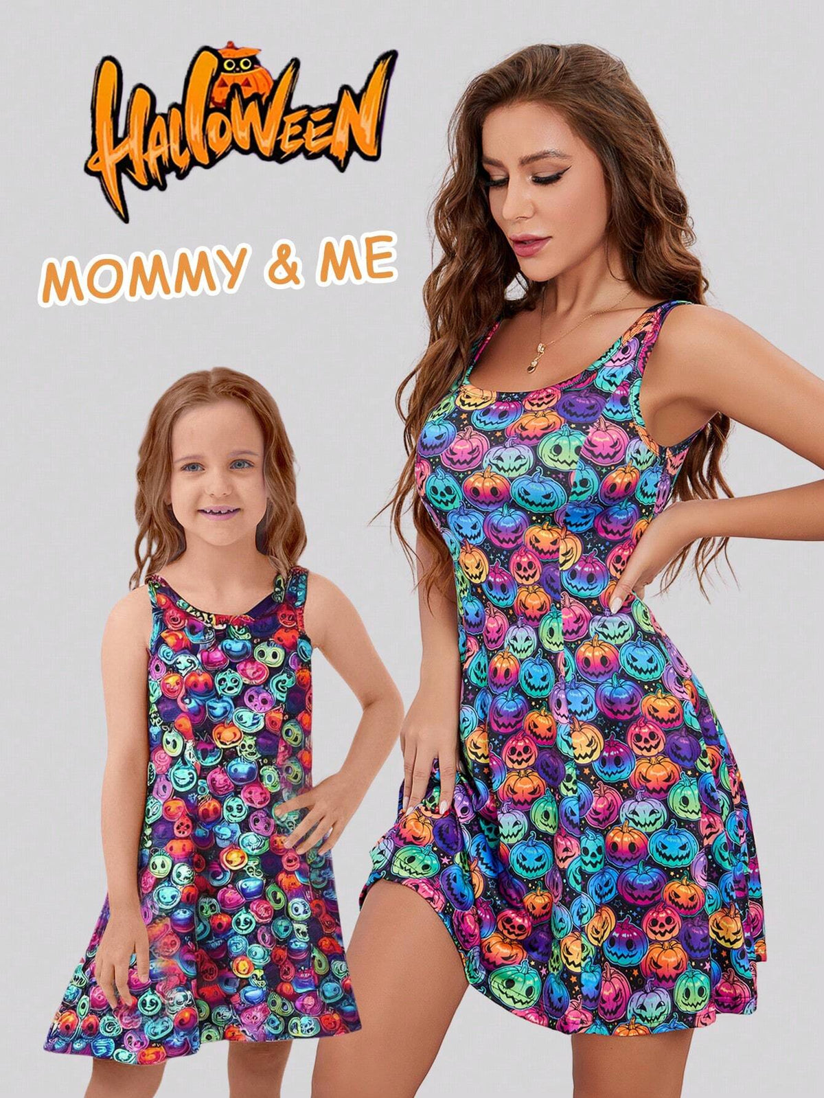 Family Matching Halloween Outfits: Young Girls Colorful Pumpkin Skull Print Camisole Dress, Mommy And Me (2pcs Sold Separately)