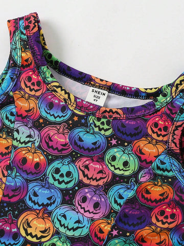 Family Matching Halloween Outfits: Young Girls Colorful Pumpkin Skull Print Camisole Dress, Mommy And Me (2pcs Sold Separately)