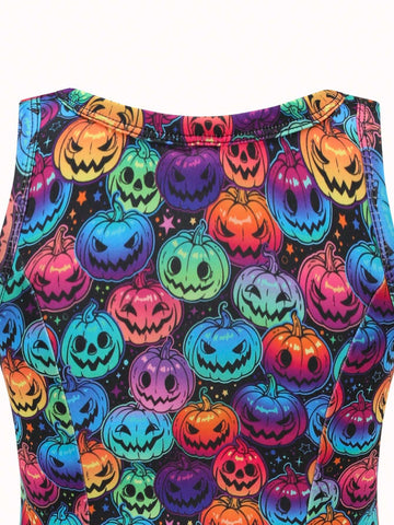 Family Matching Halloween Outfits: Young Girls Colorful Pumpkin Skull Print Camisole Dress, Mommy And Me (2pcs Sold Separately)
