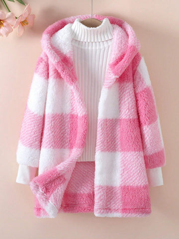 Family Matching Outfits Mommy And Me - 2pcs: 1pc Young Girl' Plaid And Khaki Reversible Teddy Fleece Hooded Cardigan With Rib Trim