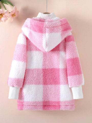 Family Matching Outfits Mommy And Me - 2pcs: 1pc Young Girl' Plaid And Khaki Reversible Teddy Fleece Hooded Cardigan With Rib Trim
