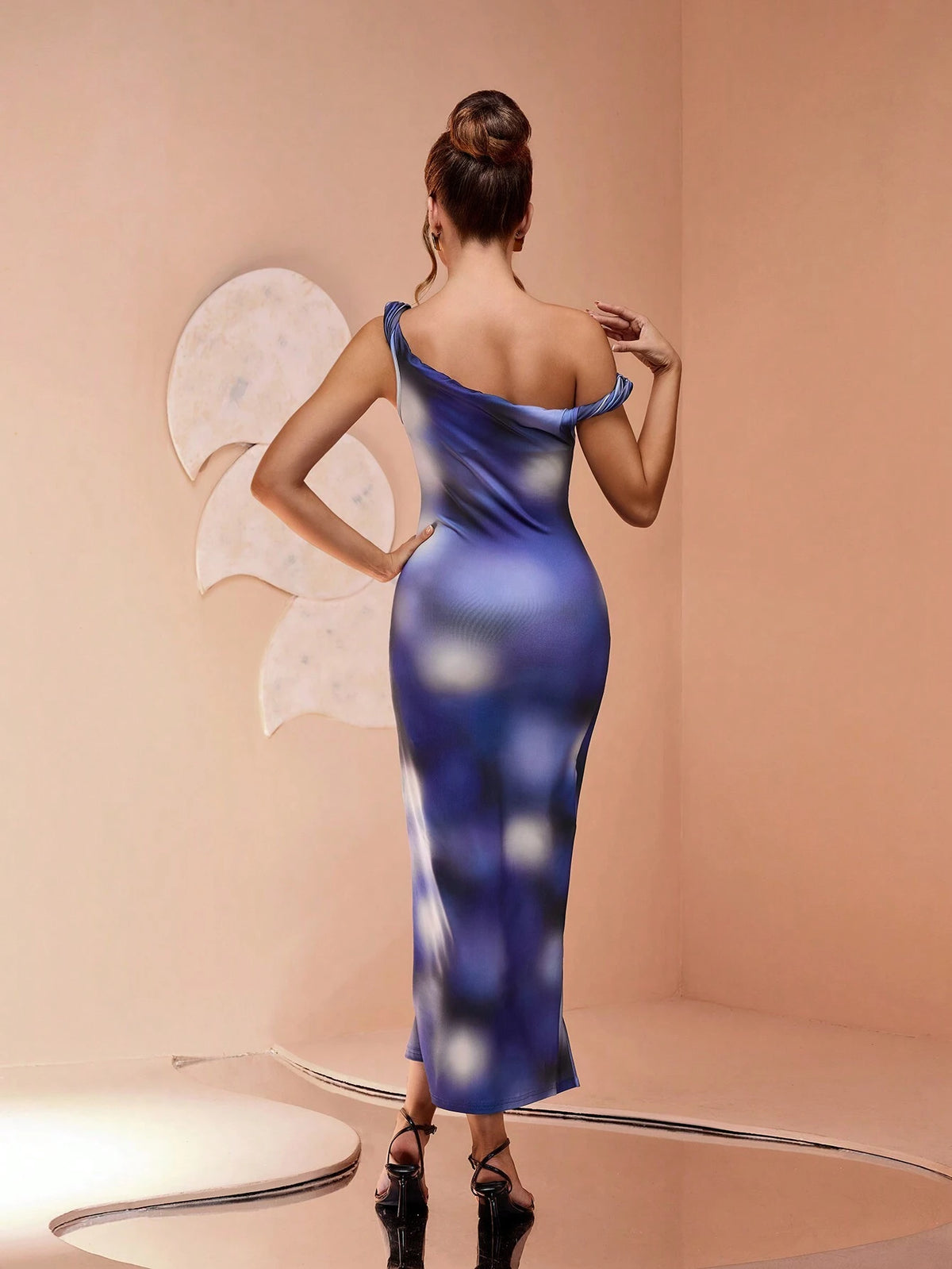 Fantasy Cyberpunk Style Tie Dye Blue Digital Print Sleeveless Sheath Dress, Sophisticated Pleated Slit Hem Galaxy Design, Unconventional Avant-Garde Party Dress For Bold Girls