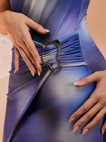 Fantasy Cyberpunk Style Tie Dye Blue Digital Print Sleeveless Sheath Dress, Sophisticated Pleated Slit Hem Galaxy Design, Unconventional Avant-Garde Party Dress For Bold Girls