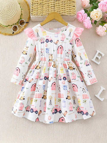 Farm Animals Pattern Long-Sleeve Dress For Girls - Spring Fall Clothing, Casual Wear, Party, Gift
