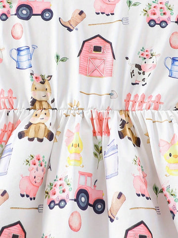 Farm Animals Pattern Long-Sleeve Dress For Girls - Spring Fall Clothing, Casual Wear, Party, Gift