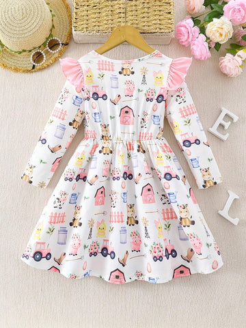 Farm Animals Pattern Long-Sleeve Dress For Girls - Spring Fall Clothing, Casual Wear, Party, Gift
