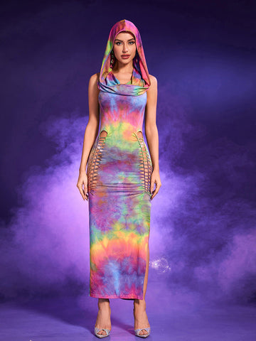 Fasha Lace Up Rainbow Hooded Dress